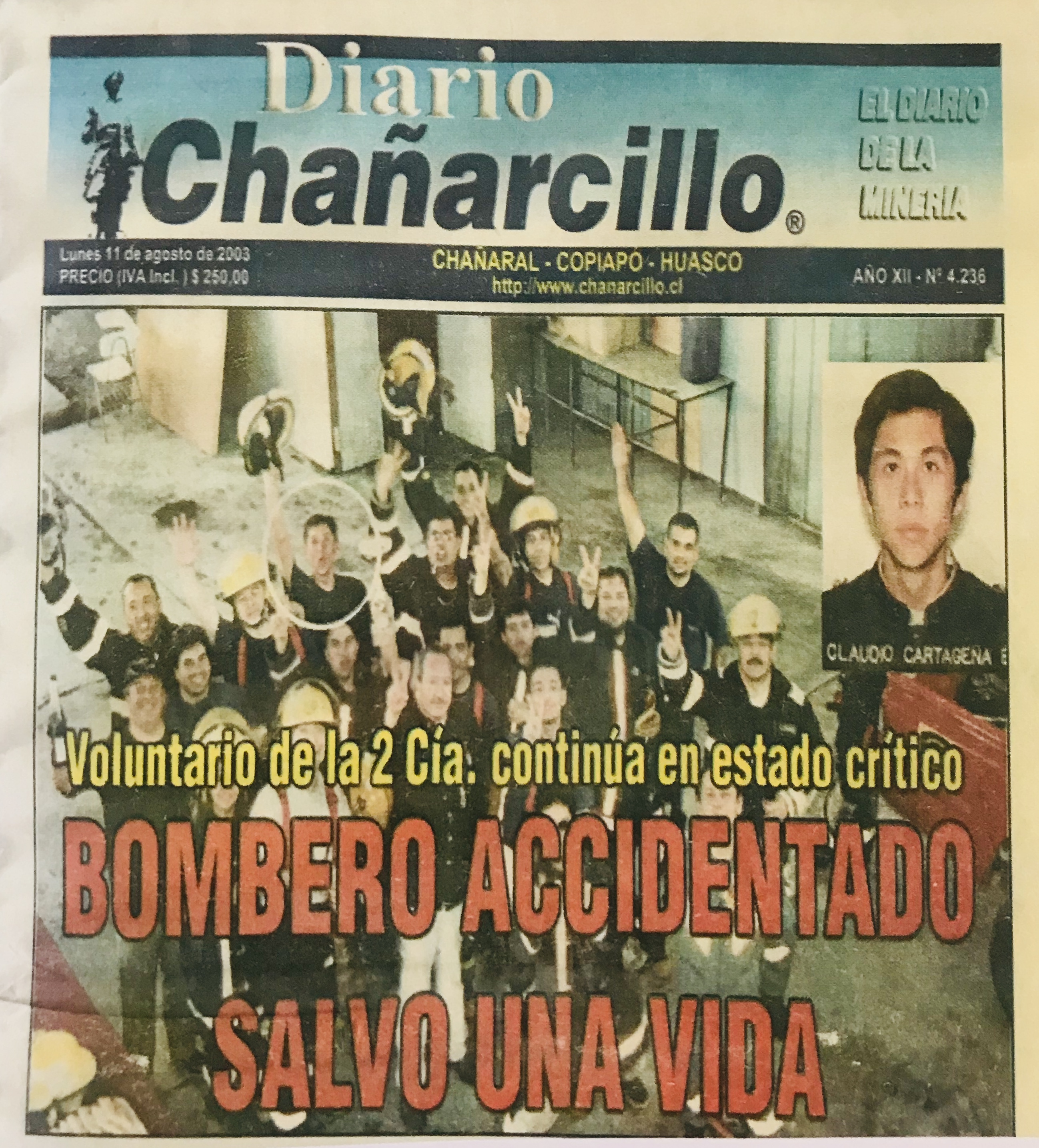 Portada de Diario Chañarcillo: «Bombero accidentado salvó una vida»