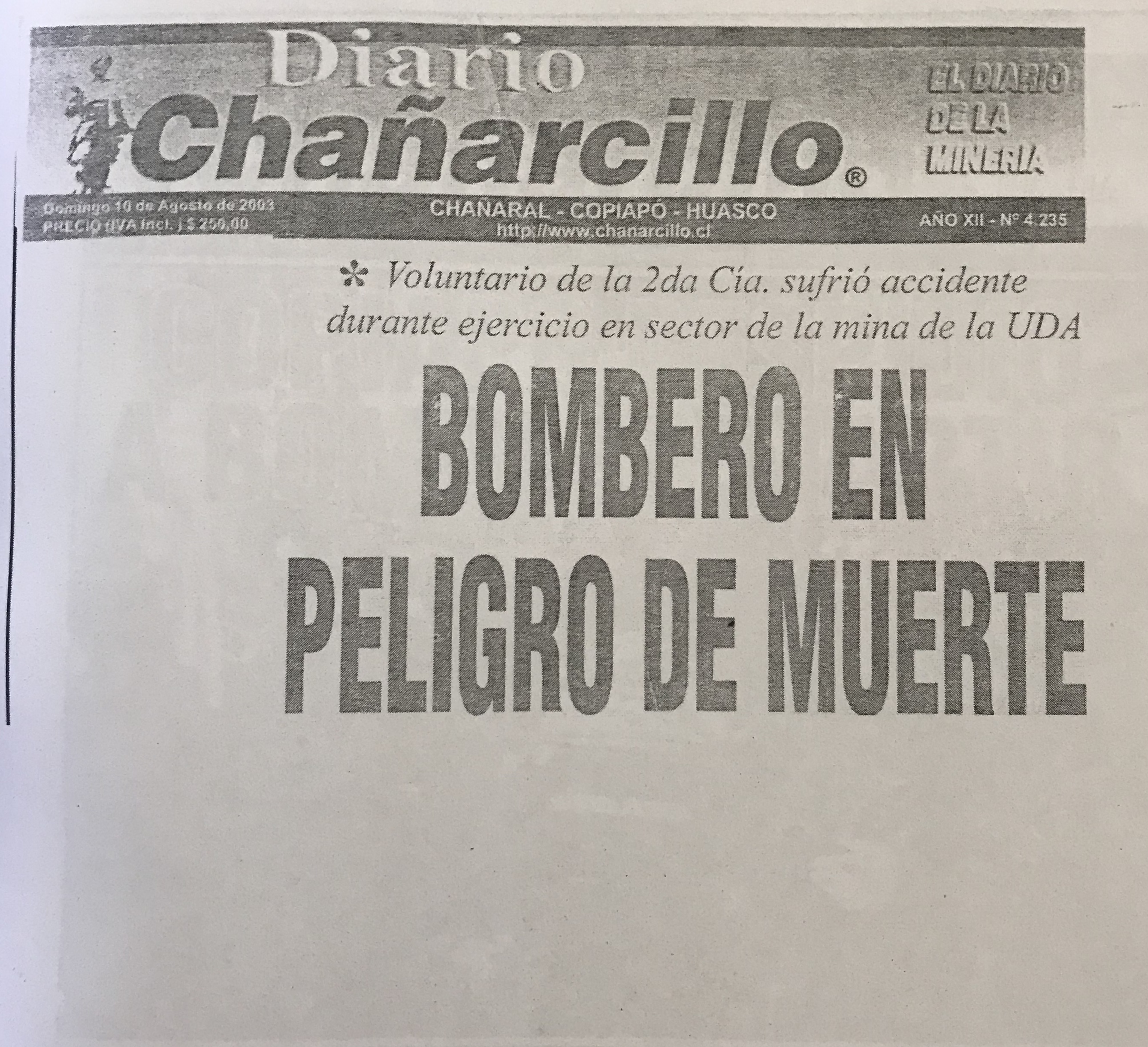 Recorte de Diario Chañarcillo: «Bombero en peligro de muerte»